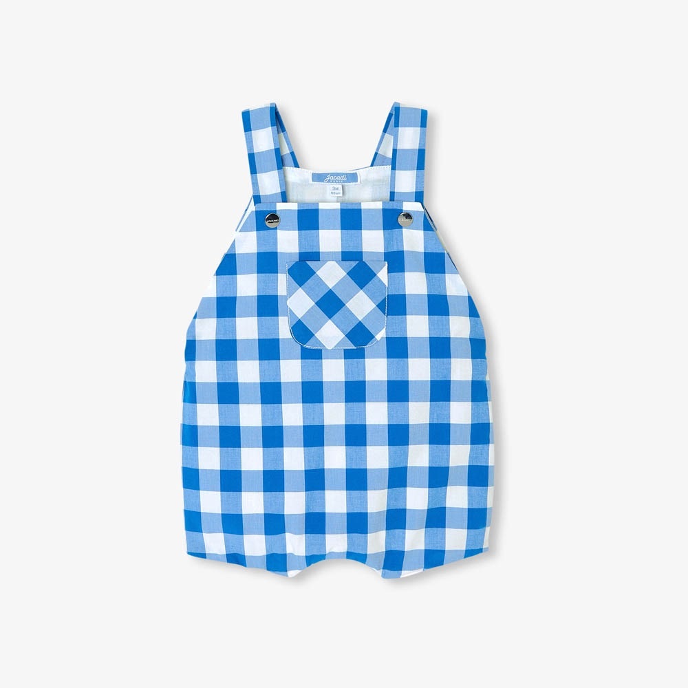 Jacadi Paris Baby boy gingham plaid short overalls cotton blue